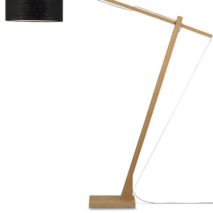 Silhouette complète du lampadaire Kilimanjaro en bambou avec abat-jour en lin noir, sur fond blanc