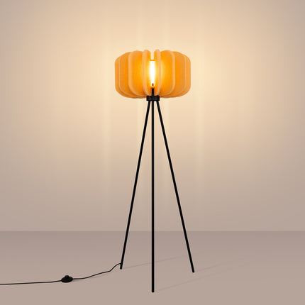 lampadaire lamelles de feutre 45 cm jaune et noir, lumière allumée