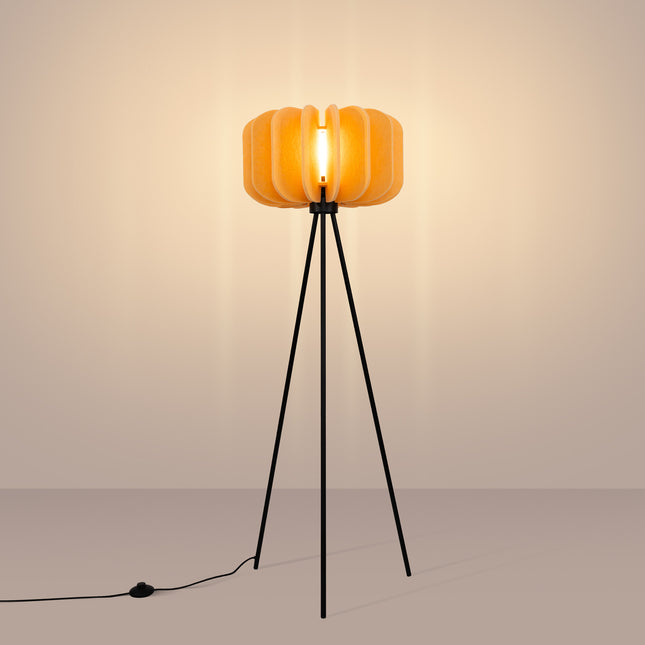 lampadaire lamelles de feutre 45 cm jaune et noir, lumière allumée