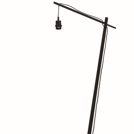 Silhouette du lampadaire Merapi, structure noire arquée avec socle carré et abat-jour suspendu en bambou.