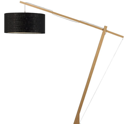 Lampadaire Montblanc complet, structure en bambou et abat-jour en lin noir, sur fond blanc.