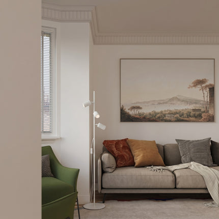 Lampadaire Oslo 3 spots orientables blanc, vue d'ambiance