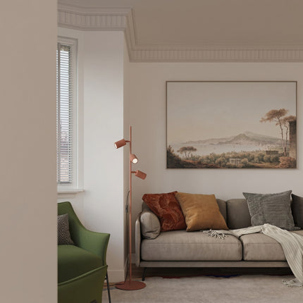 Lampadaire Oslo 3 spots orientables rouge ocre, vue d'ambiance