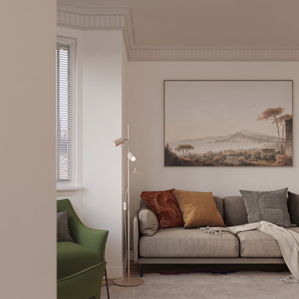 Lampadaire Oslo 3 spots orientables taupe, vue d'ambiance