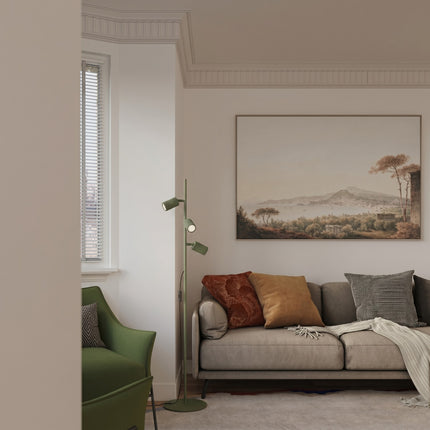 Lampadaire Oslo 3 spots orientables vert olive, vue d'ambiance