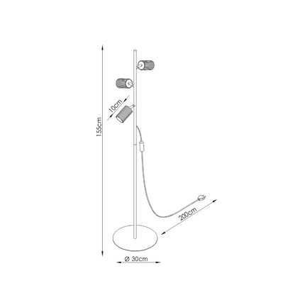 Lampadaire Oslo 3 spots orientables vert olive, schéma de cotes