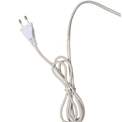 Câble textile blanc et gris de 2 mètres avec prise européenne, fourni avec le lampadaire Porto.