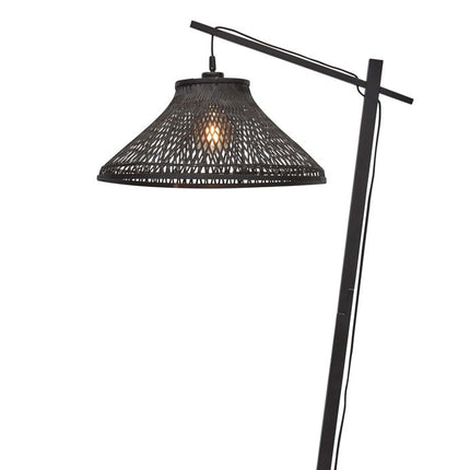 Lampadaire Tahiti en bambou tressé noir sur fond blanc, vue d'ensemble de la structure
