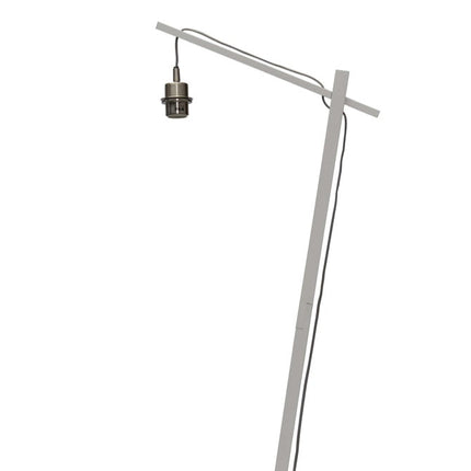 Bras et douille du lampadaire Tanami en métal blanc, avec le câble textile gris apparent, sur fond blanc