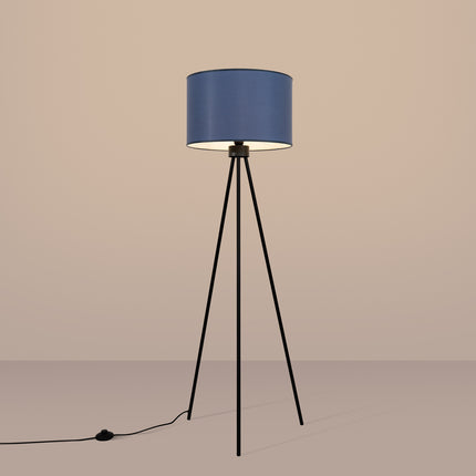 lampadaire trépied abat-jour tambour bleu marine 135 cm, lumière allumée