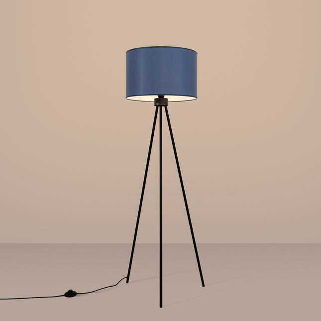 lampadaire trépied abat-jour tambour bleu marine 135 cm, lumière allumée