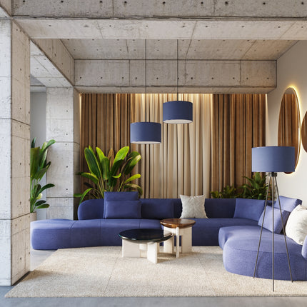 lampadaire trépied abat-jour tambour bleu marine 135 cm, vue d'ambiance