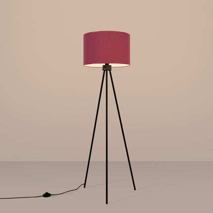 lampadaire trépied abat-jour tambour bordeaux 135 cm, lumière allumée