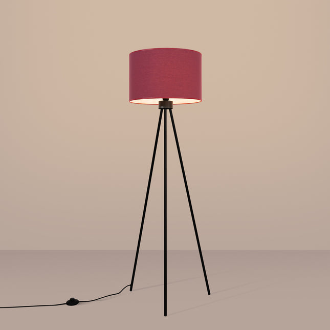 lampadaire trépied abat-jour tambour bordeaux 135 cm, lumière allumée