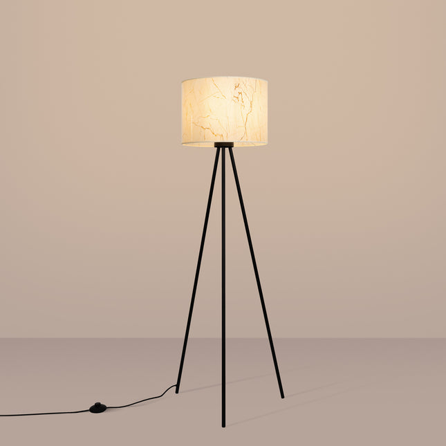 lampadaire trépied abat-jour tambour effet marbre 135 cm, lumière allumée