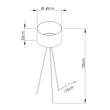lampadaire trépied abat-jour tambour effet marbre 135 cm, schéma de cotes