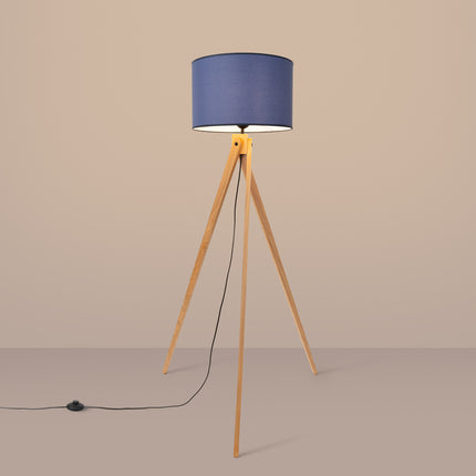 lampadaire trépied bois abat-jour tambour bleu marine 140 cm, lumière allumée