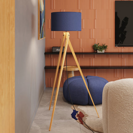 lampadaire trépied bois abat-jour tambour bleu marine 140 cm, intérieur contemporain