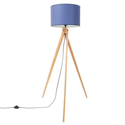 lampadaire trépied bois abat-jour tambour bleu marine 140 cm, packshot sur fond blanc
