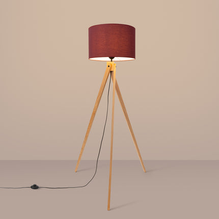 lampadaire trépied bois abat-jour tambour bordeaux 140 cm, lumière allumée
