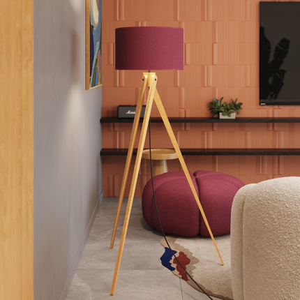 lampadaire trépied bois abat-jour tambour bordeaux 140 cm, intérieur contemporain