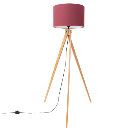 lampadaire trépied bois abat-jour tambour bordeaux 140 cm, packshot sur fond blanc