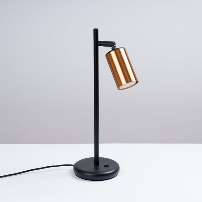 Lampe à Poser Acier Luxe Noir/Cuivre allumée, ampoule visible