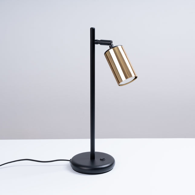 Lampe à Poser Acier Luxe Noir/Doré allumée, ampoule visible