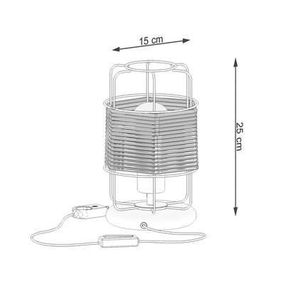 Détail de la structure en fils d'acier noir formant une cage autour de l'abat-jour en corde de la lampe à poser
