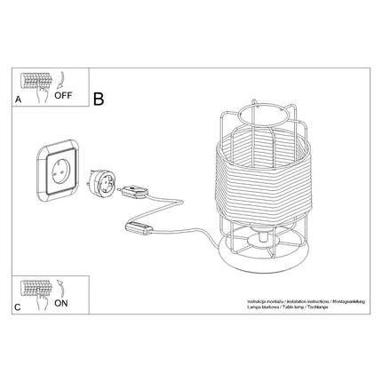 Détail du socle rond en acier noir mat de la lampe à poser design corde, avec câble d'alimentation apparent