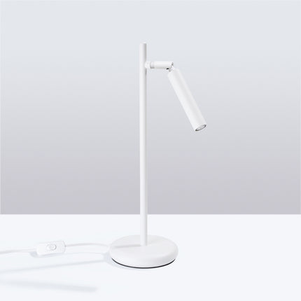 lampe à poser halo tube orientable blanc en acier, vue en situation