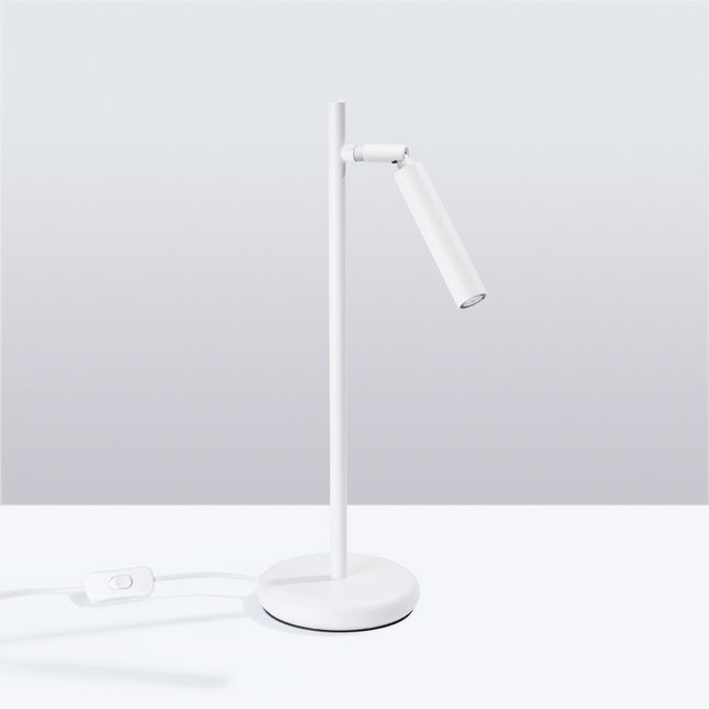 lampe à poser halo tube orientable blanc en acier, vue en situation