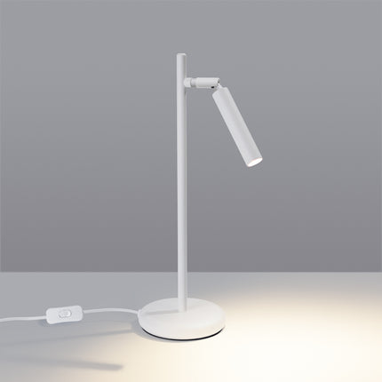 lampe à poser halo tube orientable blanc en acier, lumière allumée