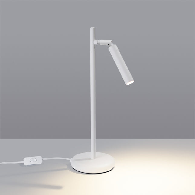 lampe à poser halo tube orientable blanc en acier, lumière allumée