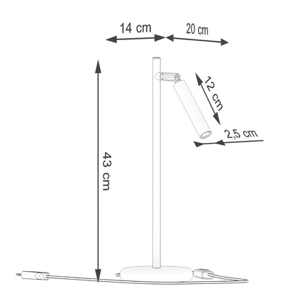 lampe à poser halo tube orientable blanc en acier, schéma de cotes