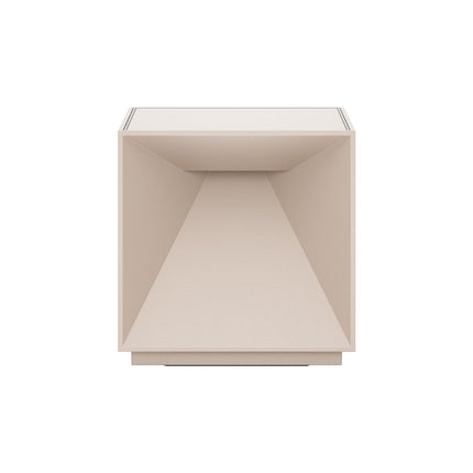 Lampe à poser LED Nutalis, cube en aluminium beige sable, vue de face sur fond blanc, packshot.