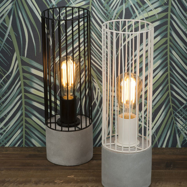 Lampes à poser Memphis, cage en fil de fer sur socle en ciment, disponibles en plusieurs coloris, ambiance déco tropicale