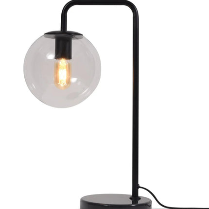 Packshot de la lampe à poser Warsaw complète, globe en verre soufflé et structure en fer noir