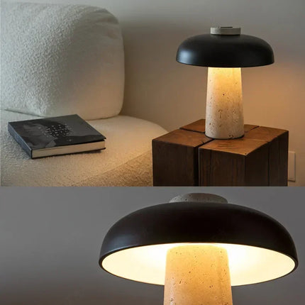 Lampe champignon en travertin dans une ambiance apaisante