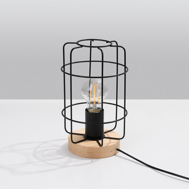 Lampe de table Cage Industrielle en acier noir et bois naturel, vue de face sur fond neutre
