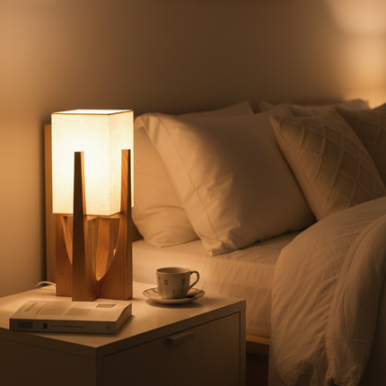 Lampe à poser japonaise en bois sur une table de chevet, ambiance chaleureuse dans une chambre