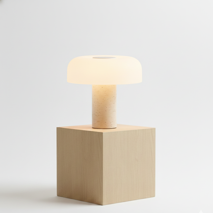 Lampe à poser en pierre de travertin blanc au design minimaliste et naturel.