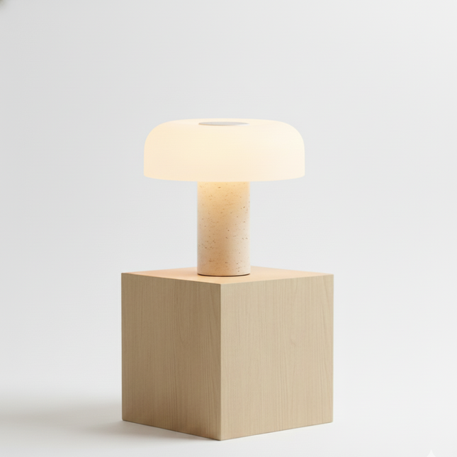 Lampe à poser en pierre de travertin blanc au design minimaliste et naturel.
