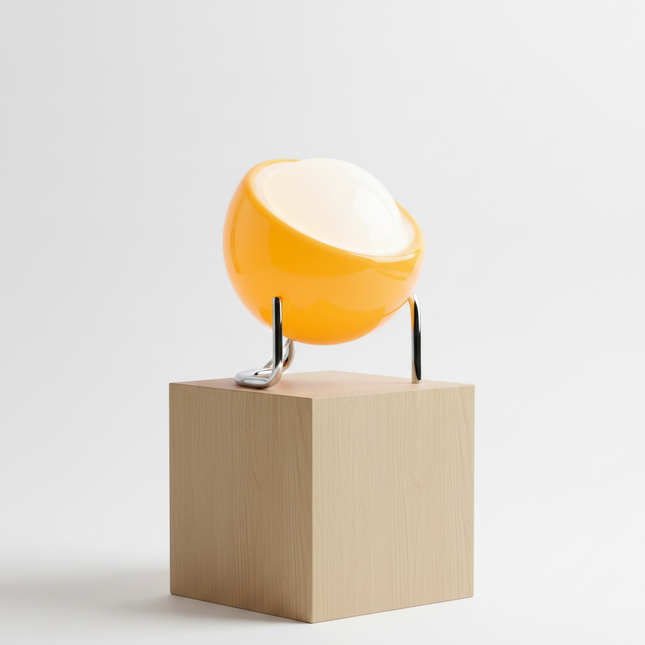 Lampe à poser circulaire orange posée sur un bureau moderne