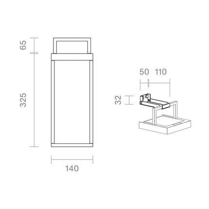 Schéma technique de la lampe solaire Numove avec dimensions et détail du kit de fixation murale