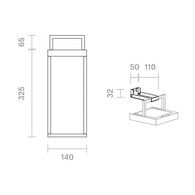 Schéma technique de la lampe solaire Numove avec dimensions et détail du kit de fixation murale