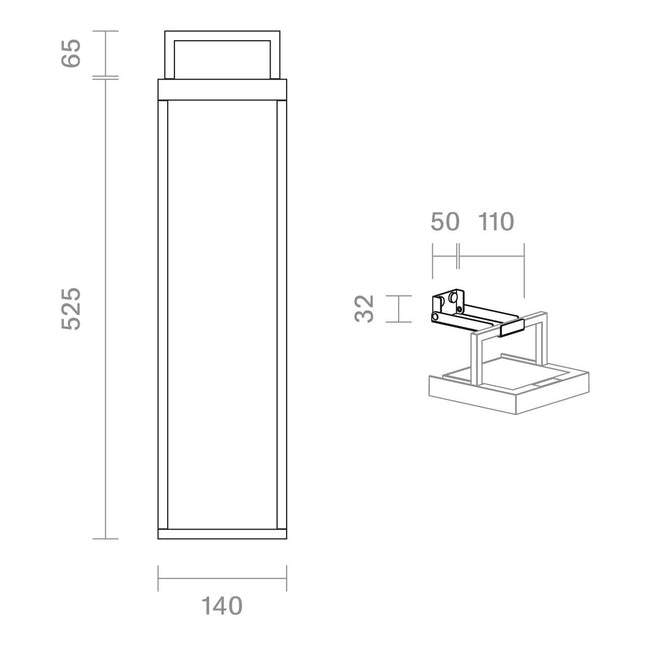 Schéma technique de la lampe solaire Numove avec dimensions, 52,5 cm de hauteur et fixation murale