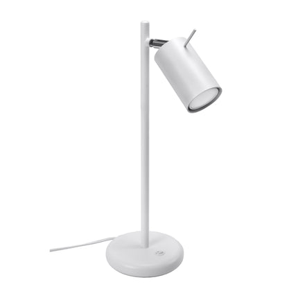 Lampe de table directionnelle blanche en acier mat, spot cylindrique orientable sur socle rond
