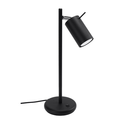 Lampe de table directionnelle LED noire en acier, spot cylindrique orientable, vue packshot sur fond neutre