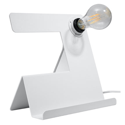 Lampe de table Support blanche en acier vue de profil, socle triangulaire et douille E27, fond blanc.